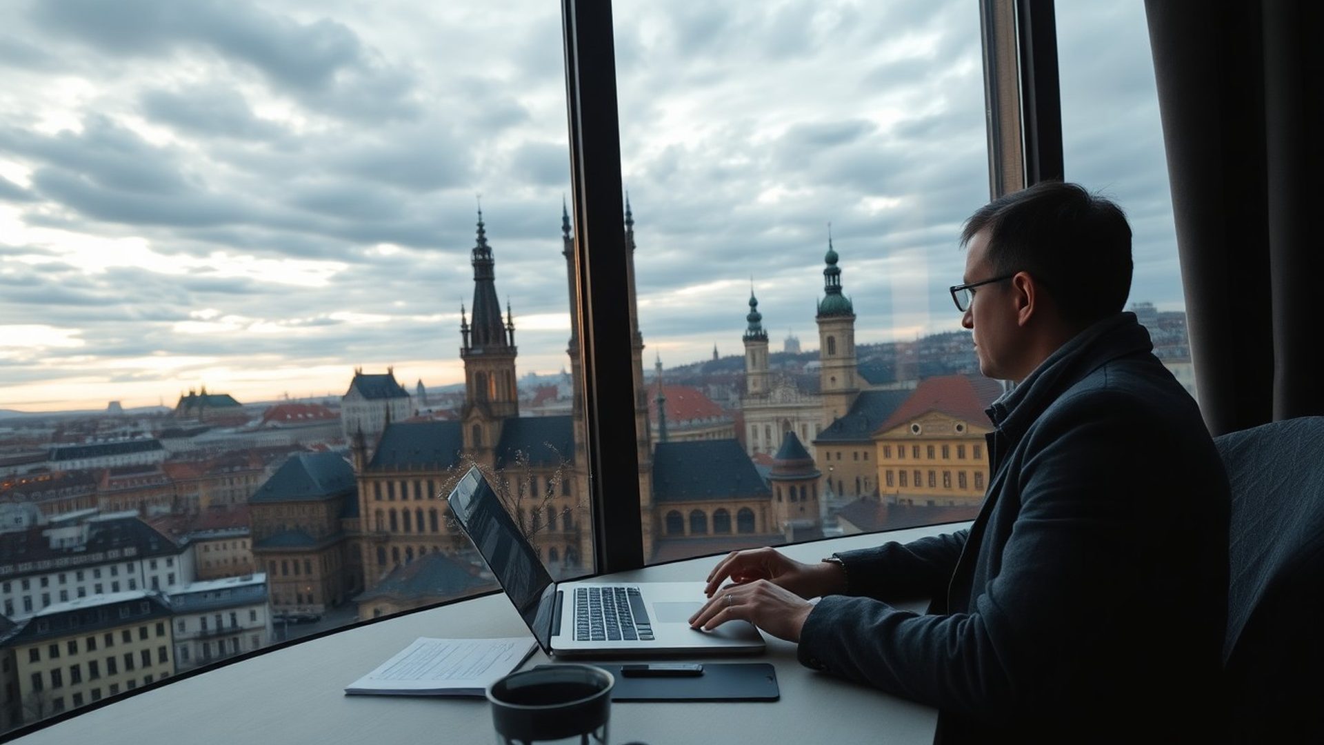 Novinář prohlížející ekonomická data u okna redakce v Hradci Králové